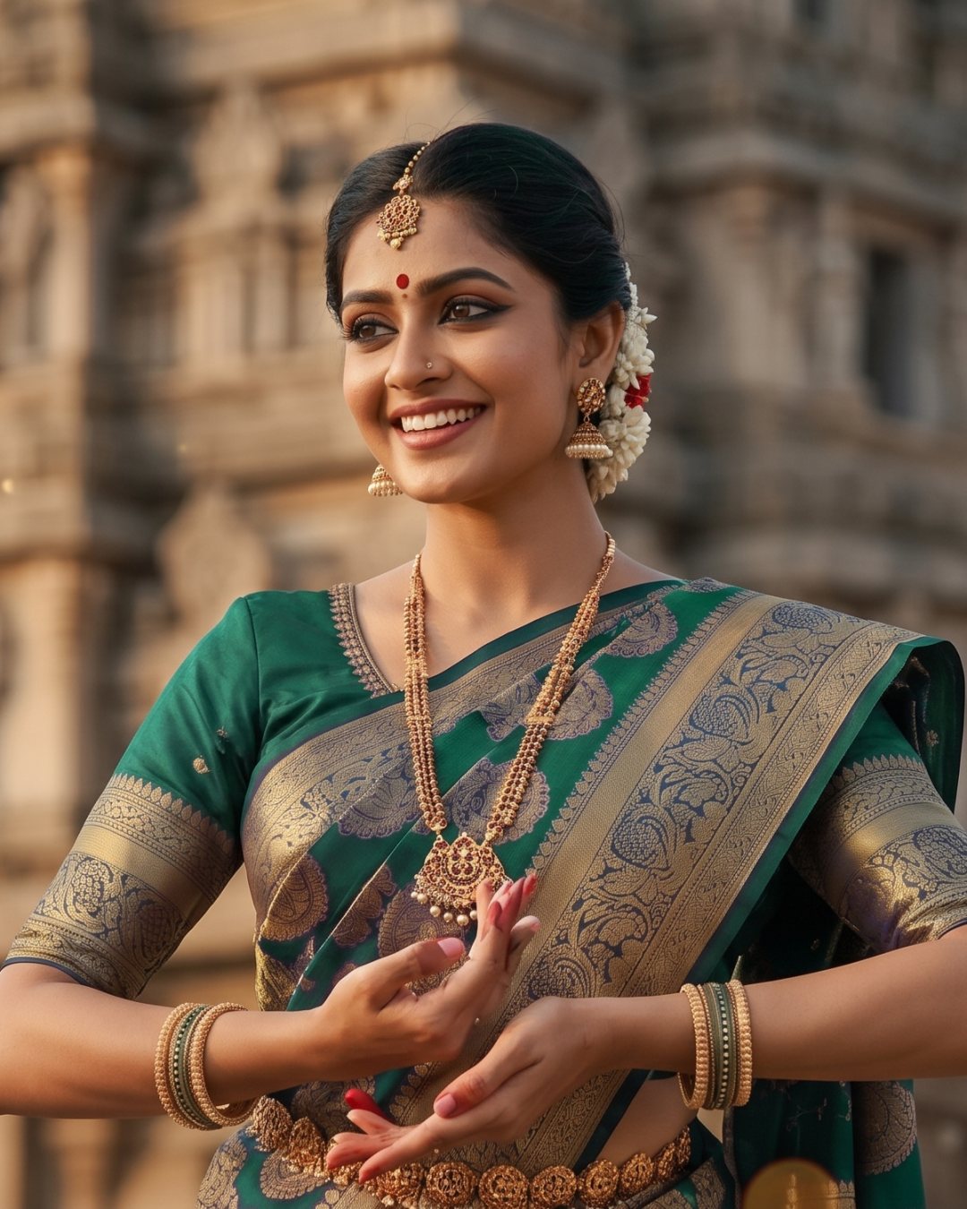 Woman in emerald green silk saree with gold zari - Arumugaperumal Tex