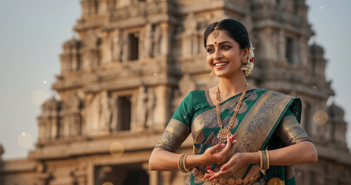 Woman in emerald green silk saree with gold zari - Arumugaperumal Tex