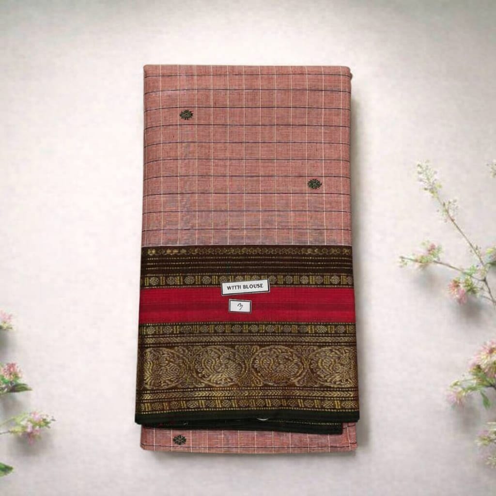 Soft Pink & Golden Pure Cotton Saree with Floral Zari Border