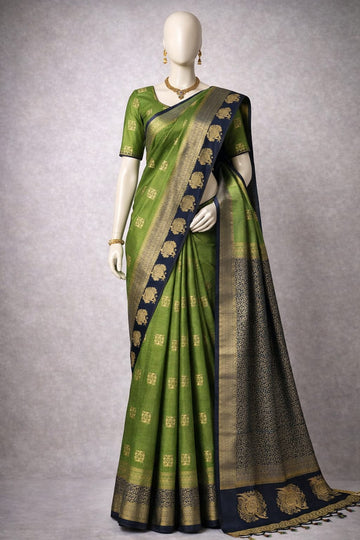 Olive Aura Soft Cotton Saree with Antique Gold Accents