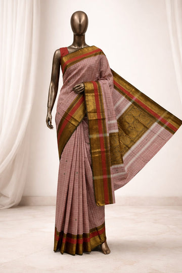 Soft Pink & Golden Pure Cotton Saree with Floral Zari Border
