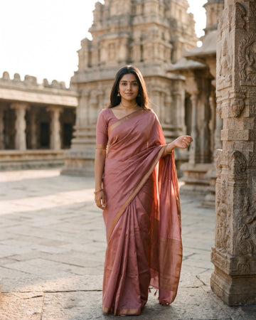 Woman in dusty rose soft silk saree - Arumugaperumal Tex