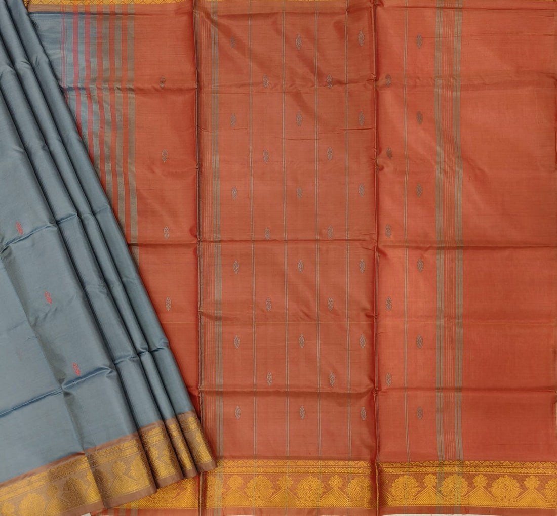 Grey & Rust-Orange Banana Pith Saree with Golden Zari Border