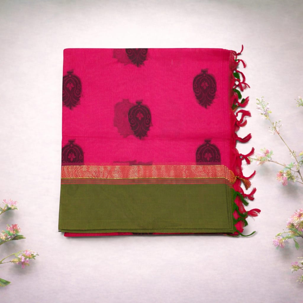 Pink & Olive Green Pure Cotton Saree with Paisley Motifs