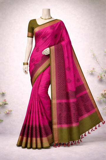 Pink & Olive Green Pure Cotton Saree with Paisley Motifs