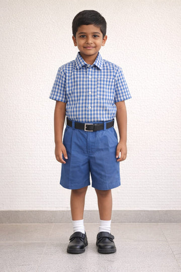 Sri Sowdambika School Boys Uniform Set – Blue Check Shirt & Navy Shorts
