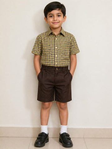 Hindu Nadar School Tamil Medium Boys Uniform – Yellow Check Shirt & Brown Shorts Set