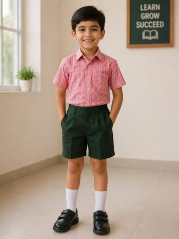 Hindu Nadar English Medium School Boys Uniform – Premium Check Shirt & Dark Green Shorts Set