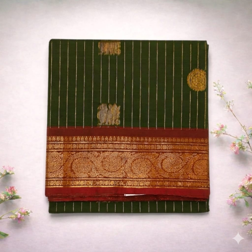 Elegant Green Pure Cotton Vaira Oosi Saree with Golden Zari Border