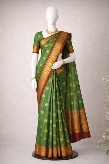Elegant Green Pure Cotton Vaira Oosi Saree with Golden Zari Border